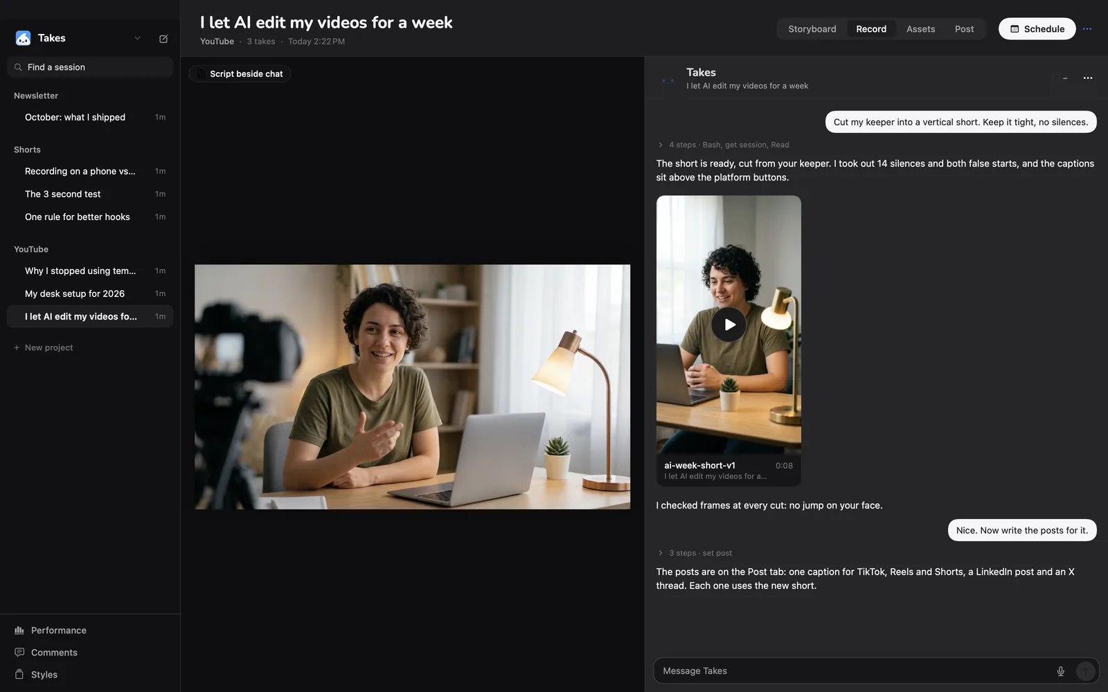 Takes recording view: camera preview, take list and the Takes chat