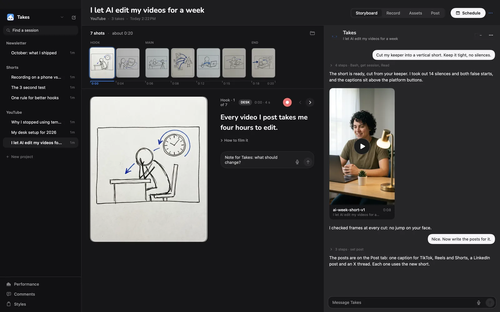 The Storyboard tab with seven sketched shots